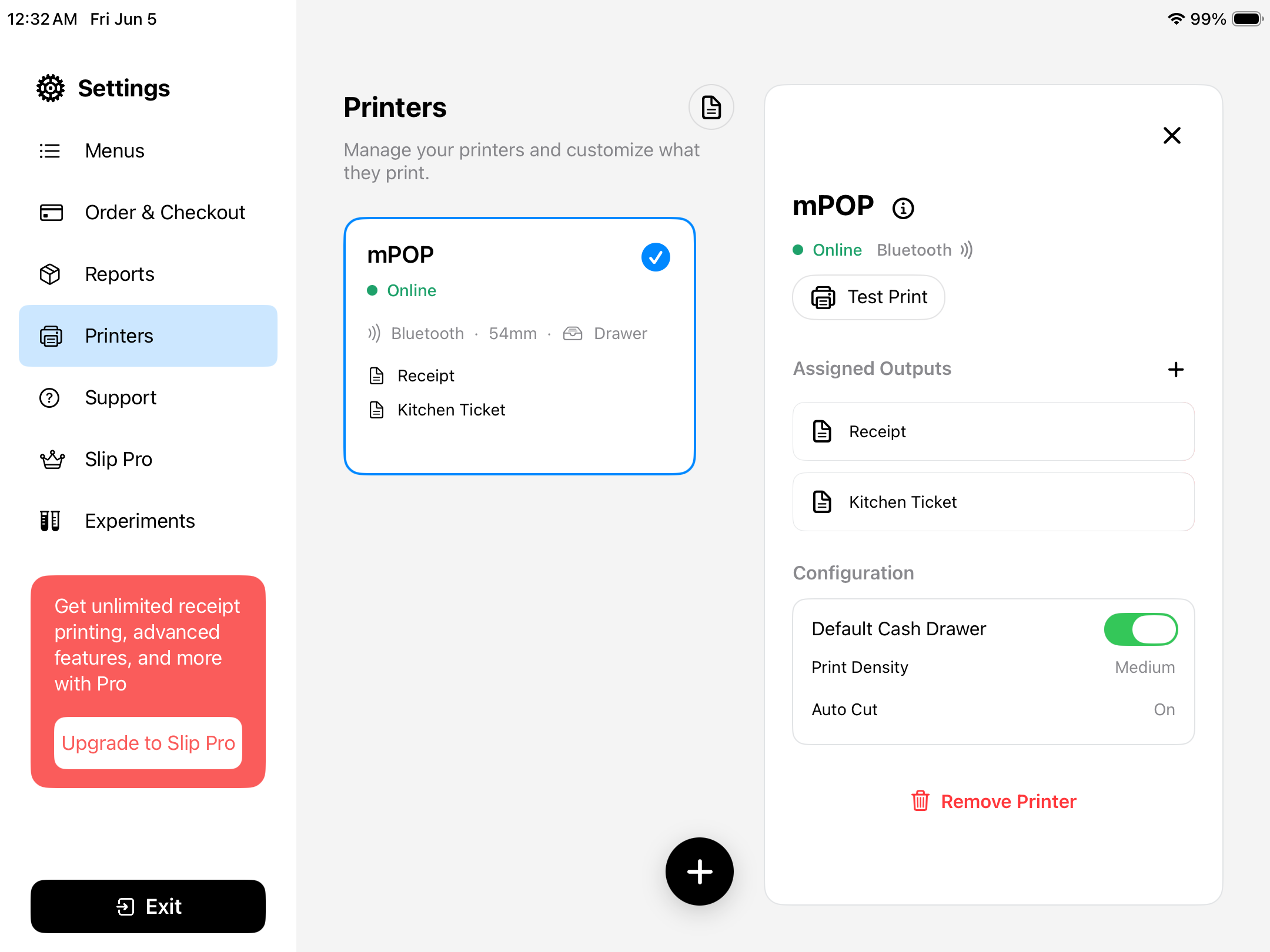 Slip POS printer settings screen showing receipt output setup