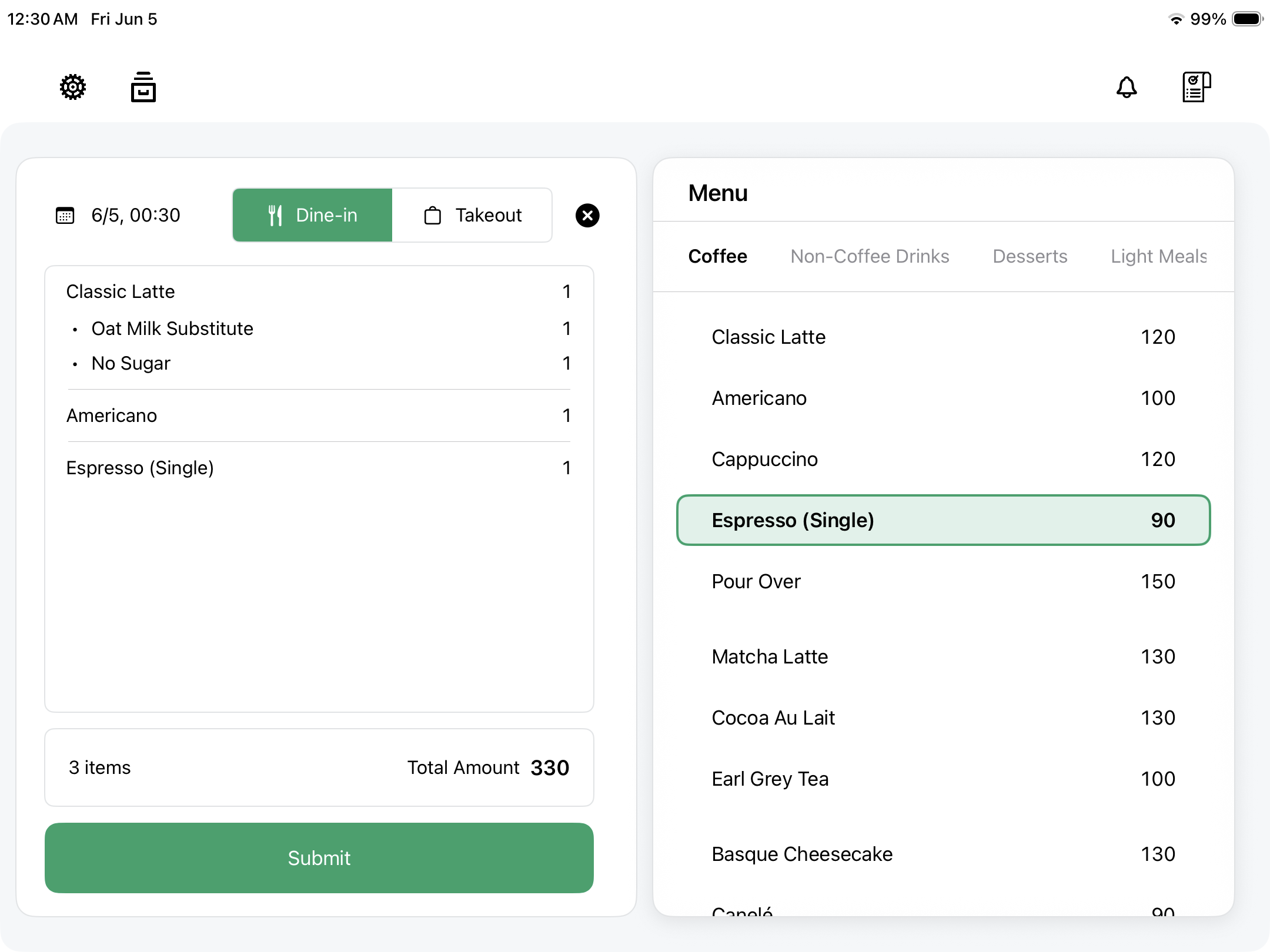 Slip POS ordering screen showing menu categories, selected items, and the current order total